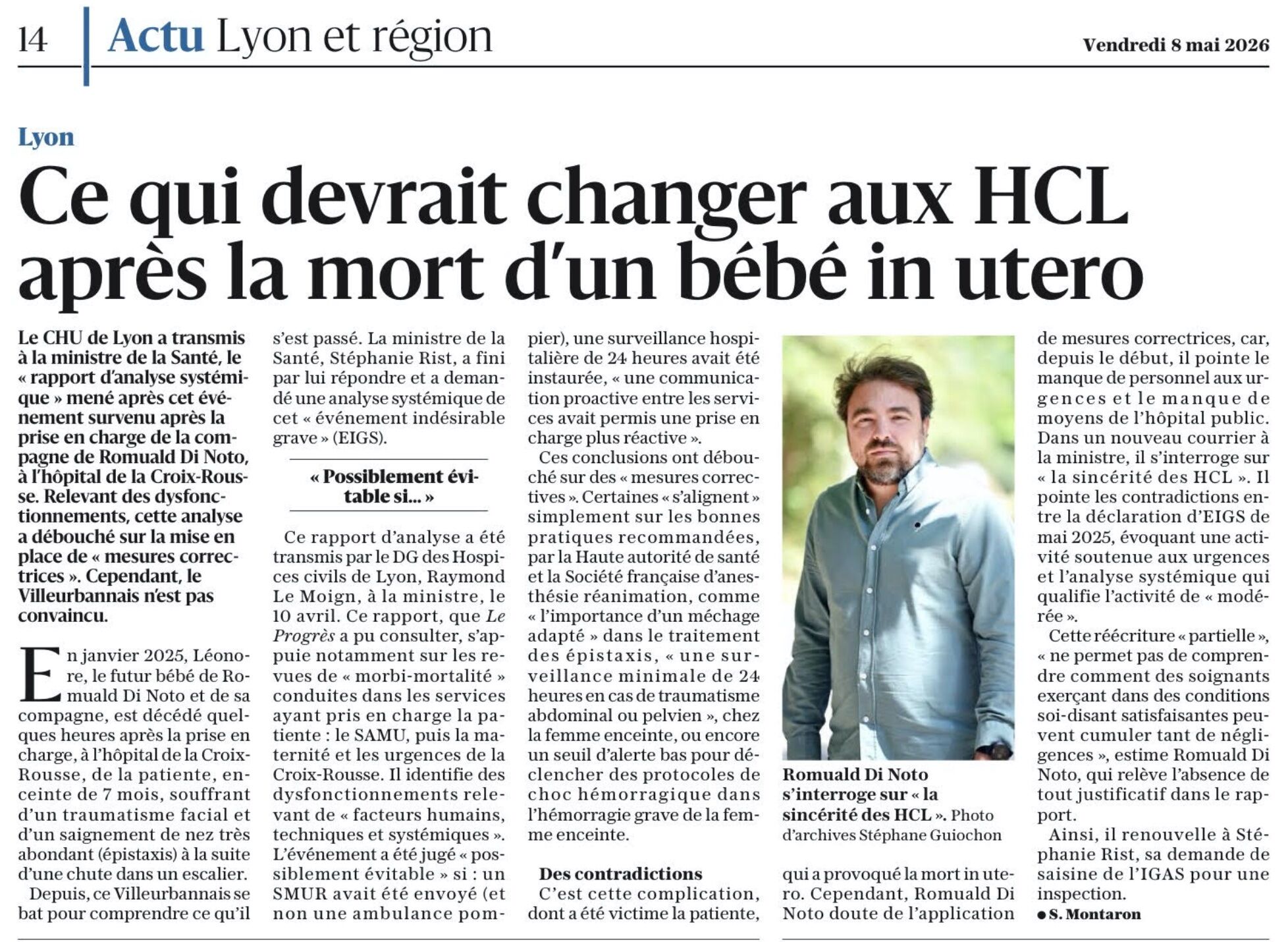« Le Progrès » – 08 mai 2026 : « Ce qui devrait changer aux HCL après la mort d&rsquo;un bébé in utero ».