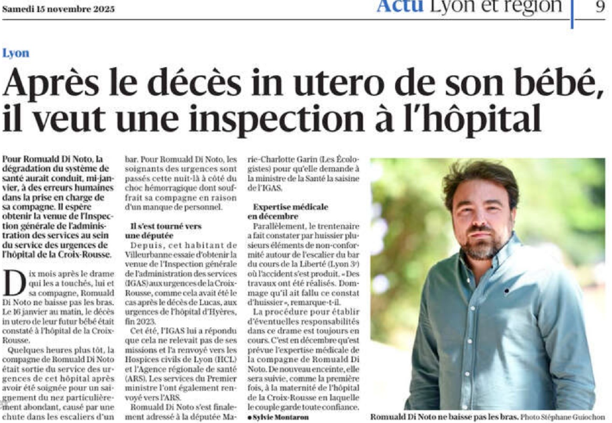 Le Progrès – 15 novembre 2025 : « Après la mort in utero de son bébé, il veut une inspection à l&rsquo;hôpital ».